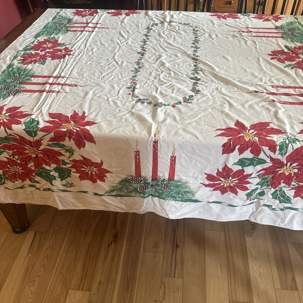 Christmas‎ Vtg Holiday MCM Bridge Tea Tablecloth 78X60" Candles Holly 50s Linen